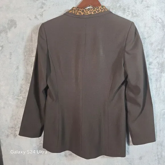 Kasper for A.S.L. Women's Brown Double Breasted Blazer Leopard Trim Size 6 - Picture 8 of 10